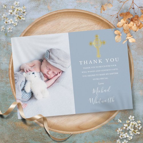 Elegant Gold Cross Photo Signature Script Baptism Thank You Card