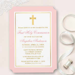 Elegant Gold Cross Pink First Communion Invitation