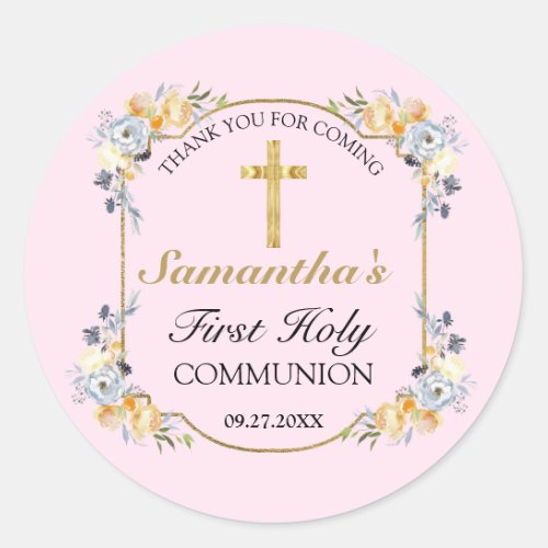Elegant Gold Cross Pink Floral 1st Holy Communion  Classic Round Sticker