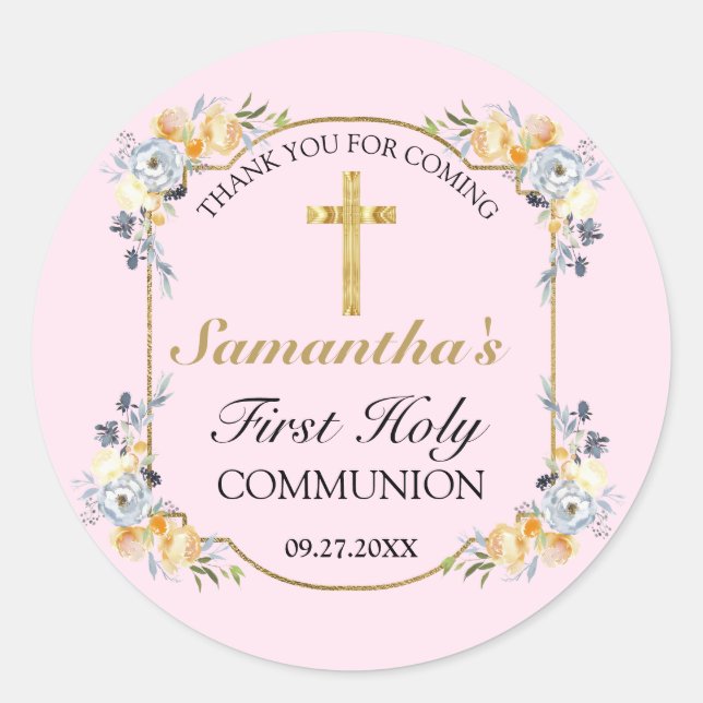 Elegant Gold Cross Pink Floral 1st Holy Communion  Classic Round Sticker (Front)