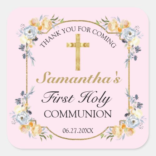 Elegant Gold Cross Pink Floral 1st Holy Communion  Square Sticker