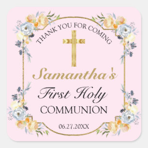 Elegant Gold Cross Pink Floral 1st Holy Communion  Square Sticker