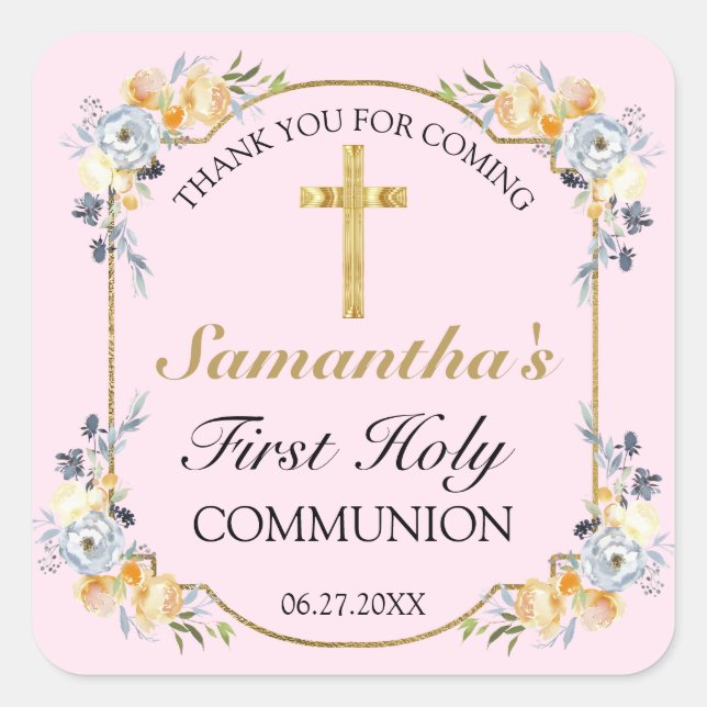 Elegant Gold Cross Pink Floral 1st Holy Communion  Square Sticker (Front)