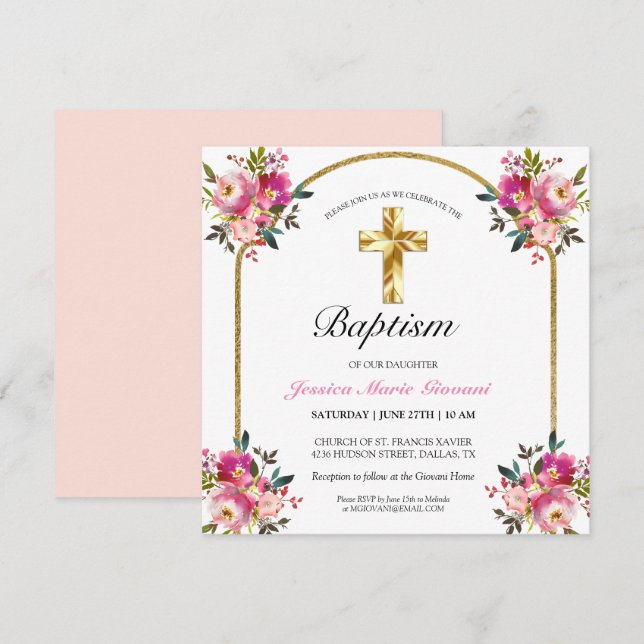 Elegant Gold Cross PInk Floral Baptism Invitation (Front/Back)