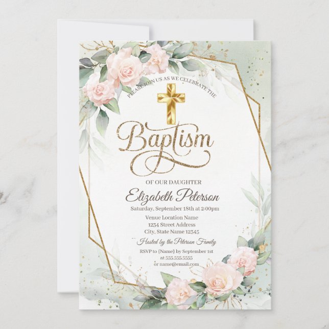 Elegant Gold Cross Pink Roses Baptism Invitation (Front)