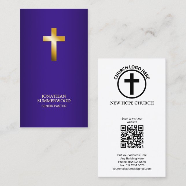 Elegant Gold Cross Purple Name Card for Pastor (Front/Back)