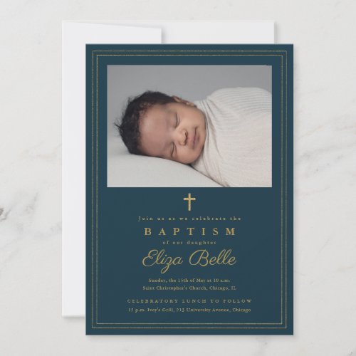 Elegant Gold Cross Religious Baptism  Christening Invitation