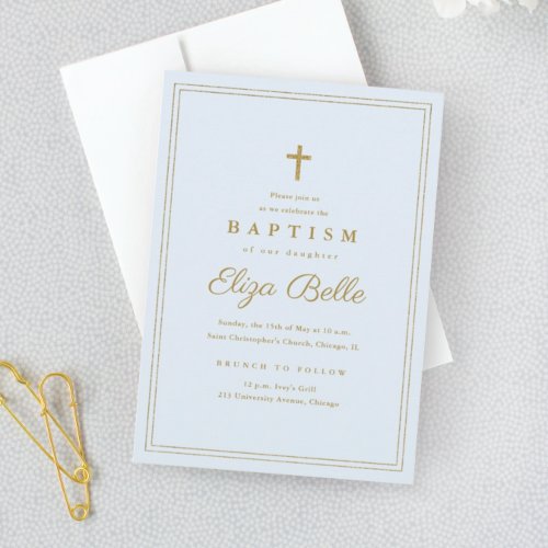 Elegant Gold Cross Religious Baptism  Christening Invitation