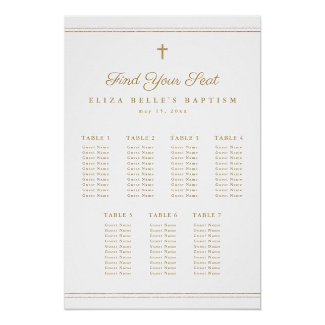 Elegant Gold Cross Religious Baptism Seating Chart (Front)
