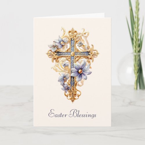 Elegant Gold Cross Religious Easter Blessings Holiday Card