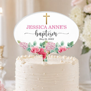 Elegant Gold Cross Roses Floral Baptism Cake Topper