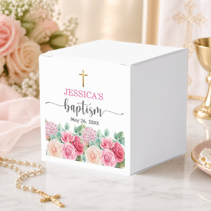 Elegant Gold Cross Roses Floral Baptism Favor Boxes