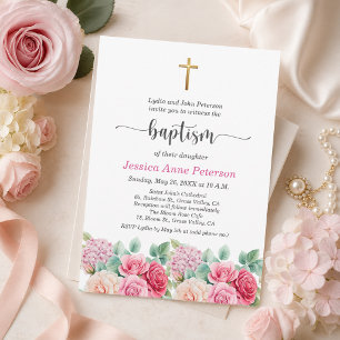 Elegant Gold Cross Roses Floral Baptism Invitation