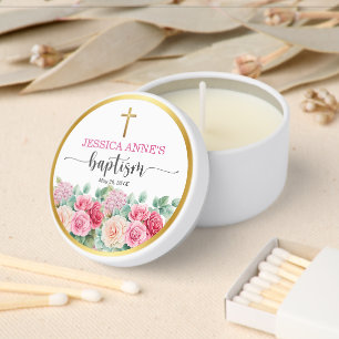 Elegant Gold Cross Roses Floral Baptism Mini Candle Favors
