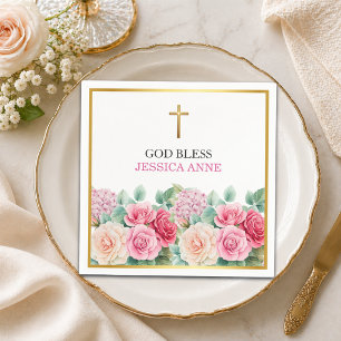 Elegant Gold Cross Roses Floral Baptism Napkins