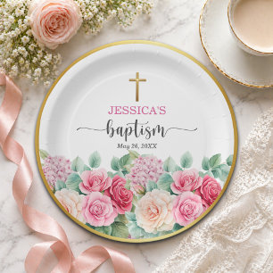 Elegant Gold Cross Roses Floral Baptism Paper Plates