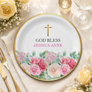Elegant Gold Cross Roses Floral Baptism Paper Plates