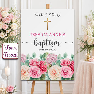 Elegant Gold Cross Roses Floral Baptism Welcome Foam Board