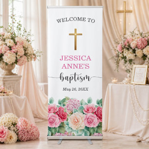 Elegant Gold Cross Roses Floral Baptism Welcome Retractable Banner