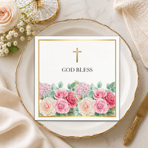 Elegant Gold Cross Roses Floral Napkins