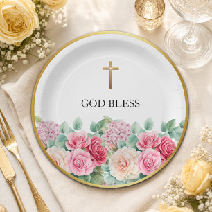 Elegant Gold Cross Roses Floral  Paper Plates