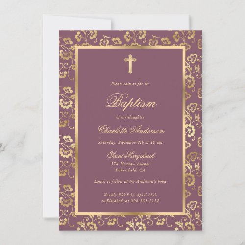Elegant Gold Cross Script Floral Baptism Invitation