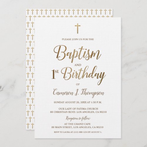 Elegant Gold Cross Simple Baptism and 1st birthday Invitation