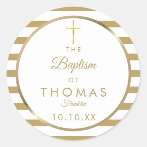 Elegant Gold Cross Stripe Baptism Christening Classic Round Sticker