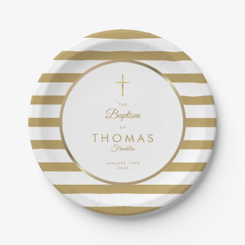 Elegant Gold Cross Stripe Baptism Christening Paper Plates