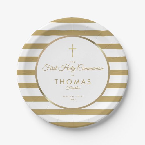 Elegant Gold Cross Stripe First Holy Communion Paper Plates