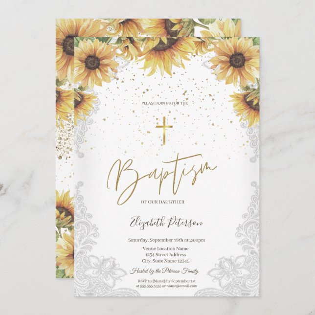 Elegant Gold Cross Sunflowers White Lace Baptism  Invitation (Front/Back)