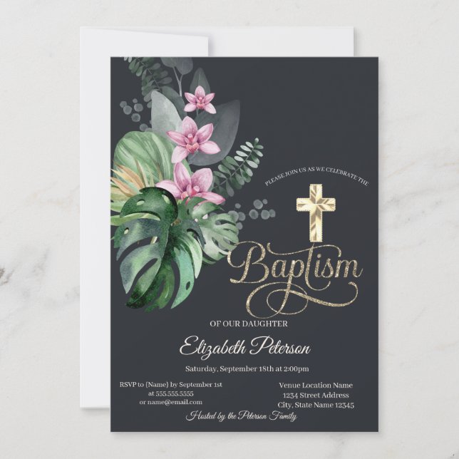 Elegant Gold Cross Tropical Flowers Dark Baptism Invitation (Front)