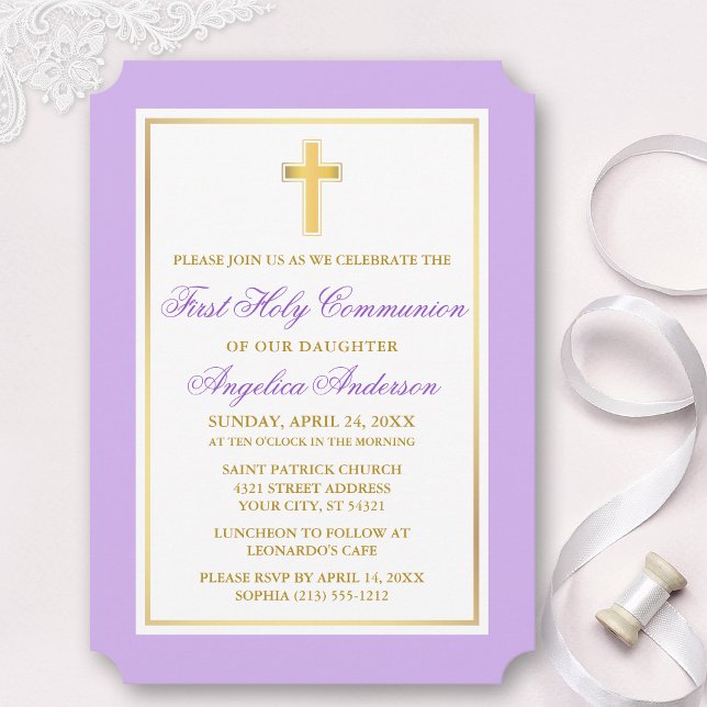 Elegant Gold Cross Violet First Communion Invitation (Customize to change text size, style, color or to add more text or photos to back of card.)