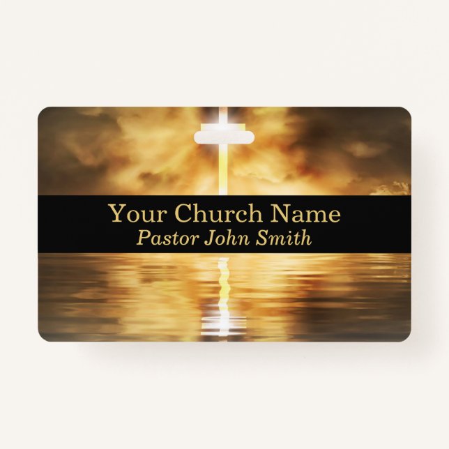 Elegant Gold Cross Water Reflection Church  Badge (Front)