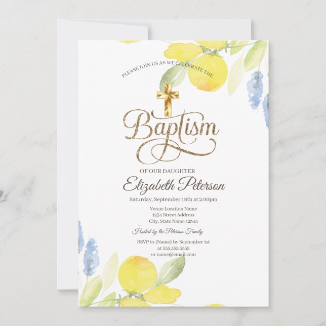 Elegant Gold Cross Watercolor Lemons Invitation (Front)