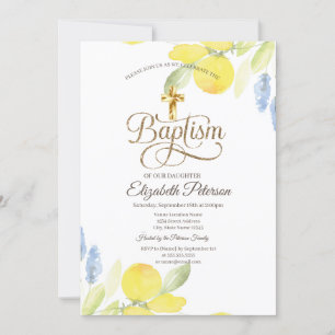 Elegant Gold Cross Watercolor Lemons Invitation