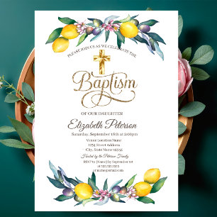 Elegant Gold Cross Watercolor Lemons Olives Invitation