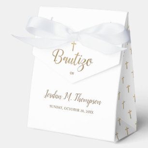 Elegant Gold Cross White Bautizo Personalized Favor Boxes
