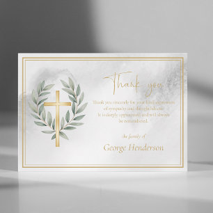 Elegant Gold Cross  with Leaves Funeral Thank You Card