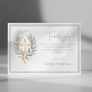 Elegant Gold Cross with Leaves Funeral Thank You Card