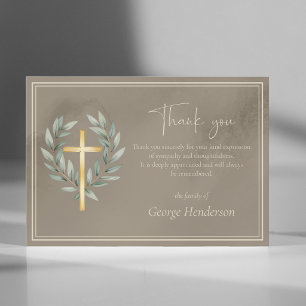 Elegant Gold Cross  with Leaves Funeral Thank You Card