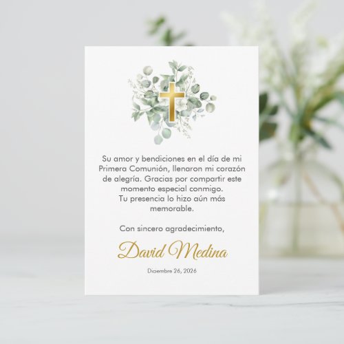 Elegant Gold Cross with Watercolor Green Leaves Thank You Card