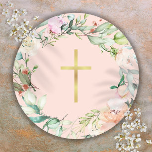 Elegant Gold Cross Woodland Rose Garland Floral Classic Round Sticker