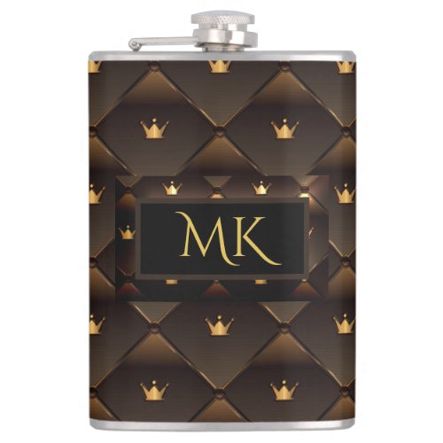Elegant Gold Crown Faux Brown Leather Monogram Flask