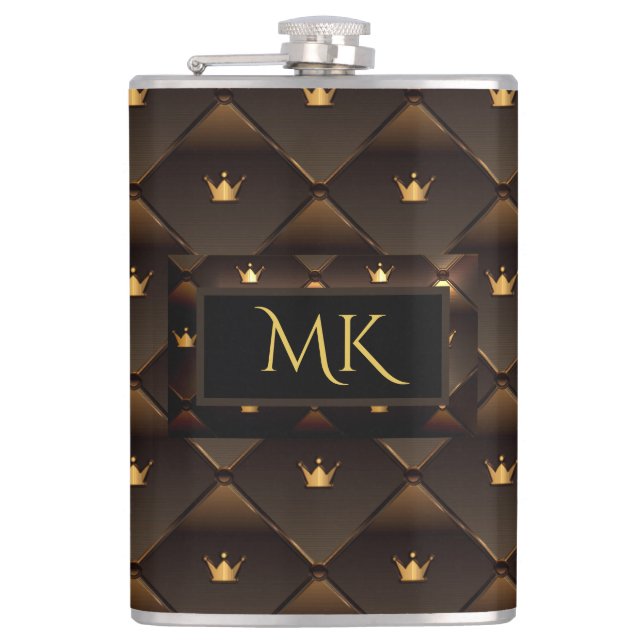 Elegant Gold Crown Faux Brown Leather Monogram Flask (Front)