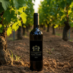 Elegant Gold Crown Frame On Custom Black Wine Label