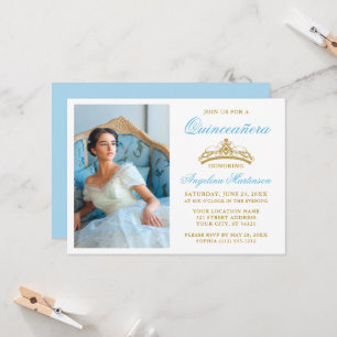 Elegant Gold Crown Photo Light Blue Quinceanera Invitation