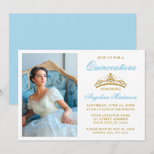 Elegant Gold Crown Photo Light Blue Quinceanera Invitation