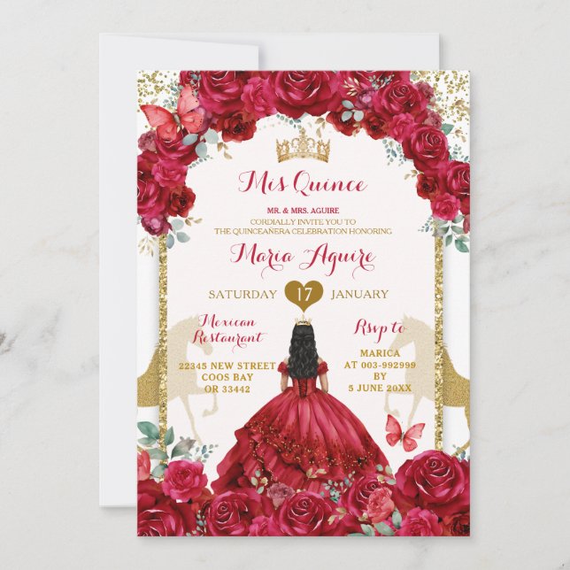 Elegant Gold Crown Red Floral Mis Quince Butterfly Invitation (Front)