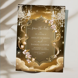 Elegant Gold Crystals Chandelier Save The Date Invitation